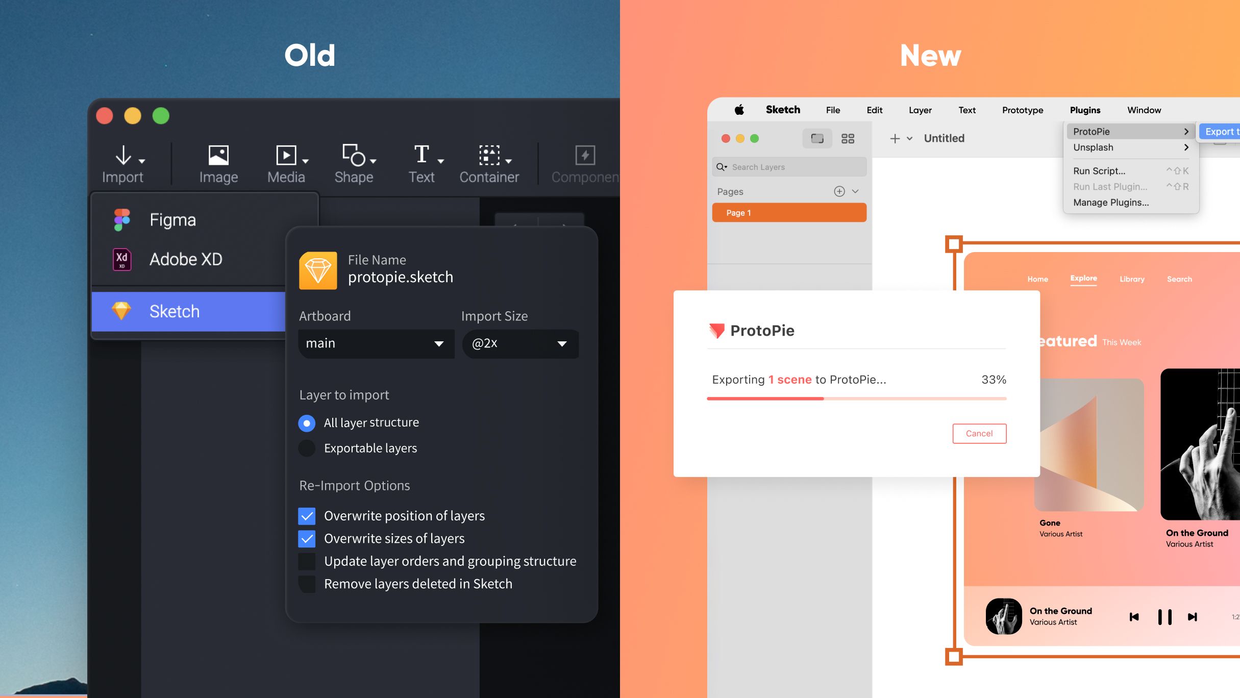 compare the Sketch legacy import(old) and plugin(new)