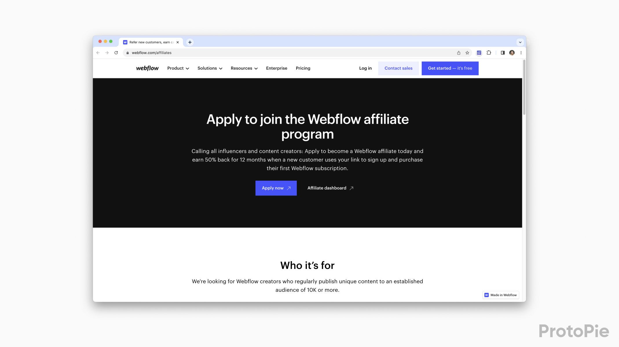 Webflow's affiliate program for designers