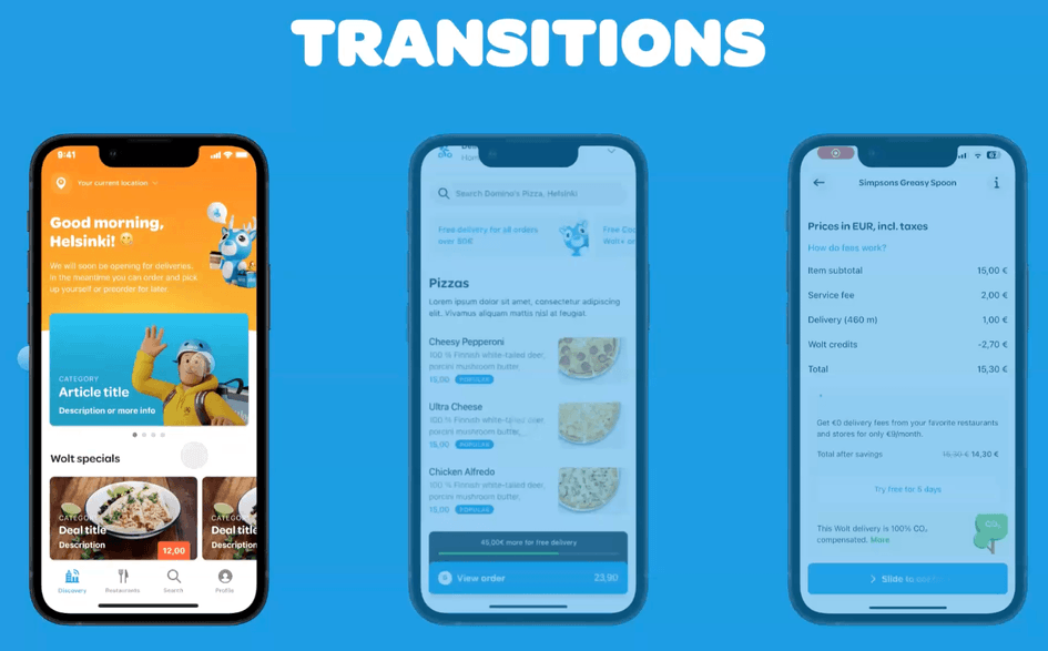 Scrolling transitions within the Wolt app.
