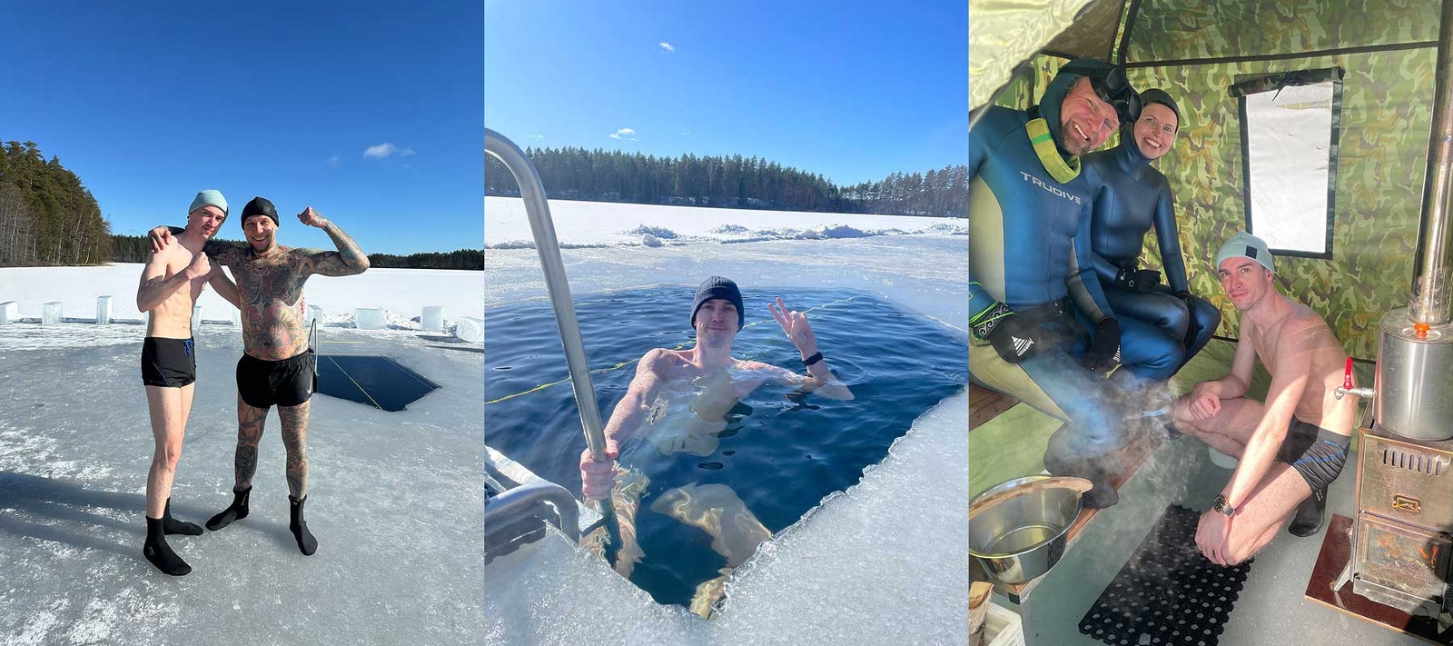 Team of biohackers including Bojan diving under the frozen lake in Finland