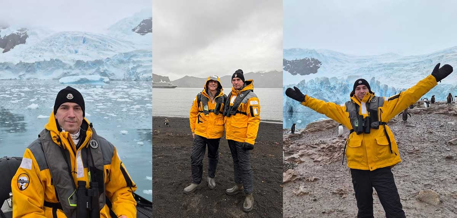 Bojan in front of ice glaciers on a speedboat in Antarctica, with Dave Asprey, and penguins.