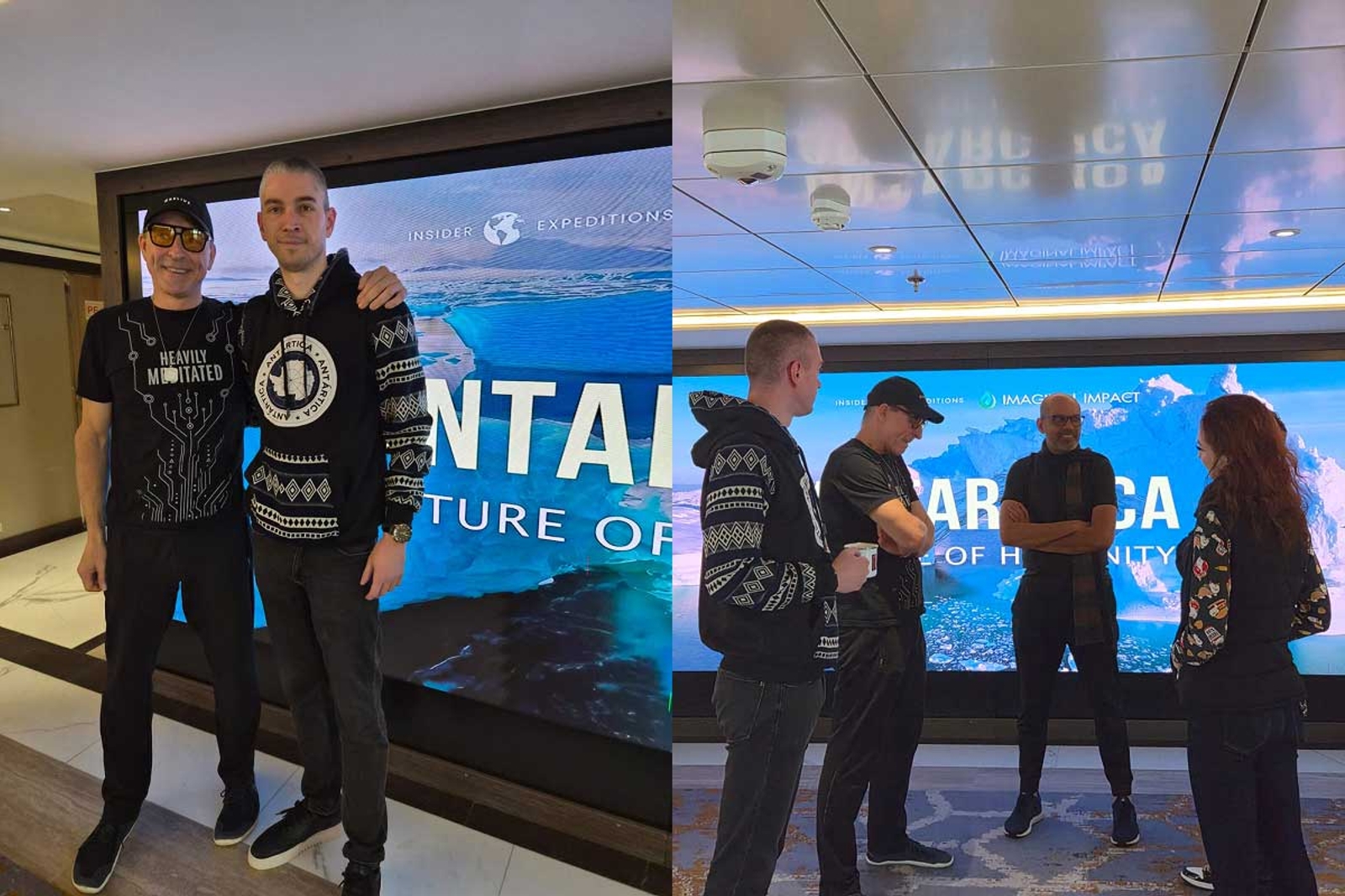 Dave, Bojan and biohackers in front of Antarctica billboard