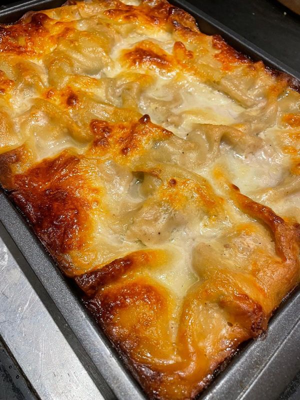 Tray of baked pasta in a creamy white sauce with a golden, bubbling top
