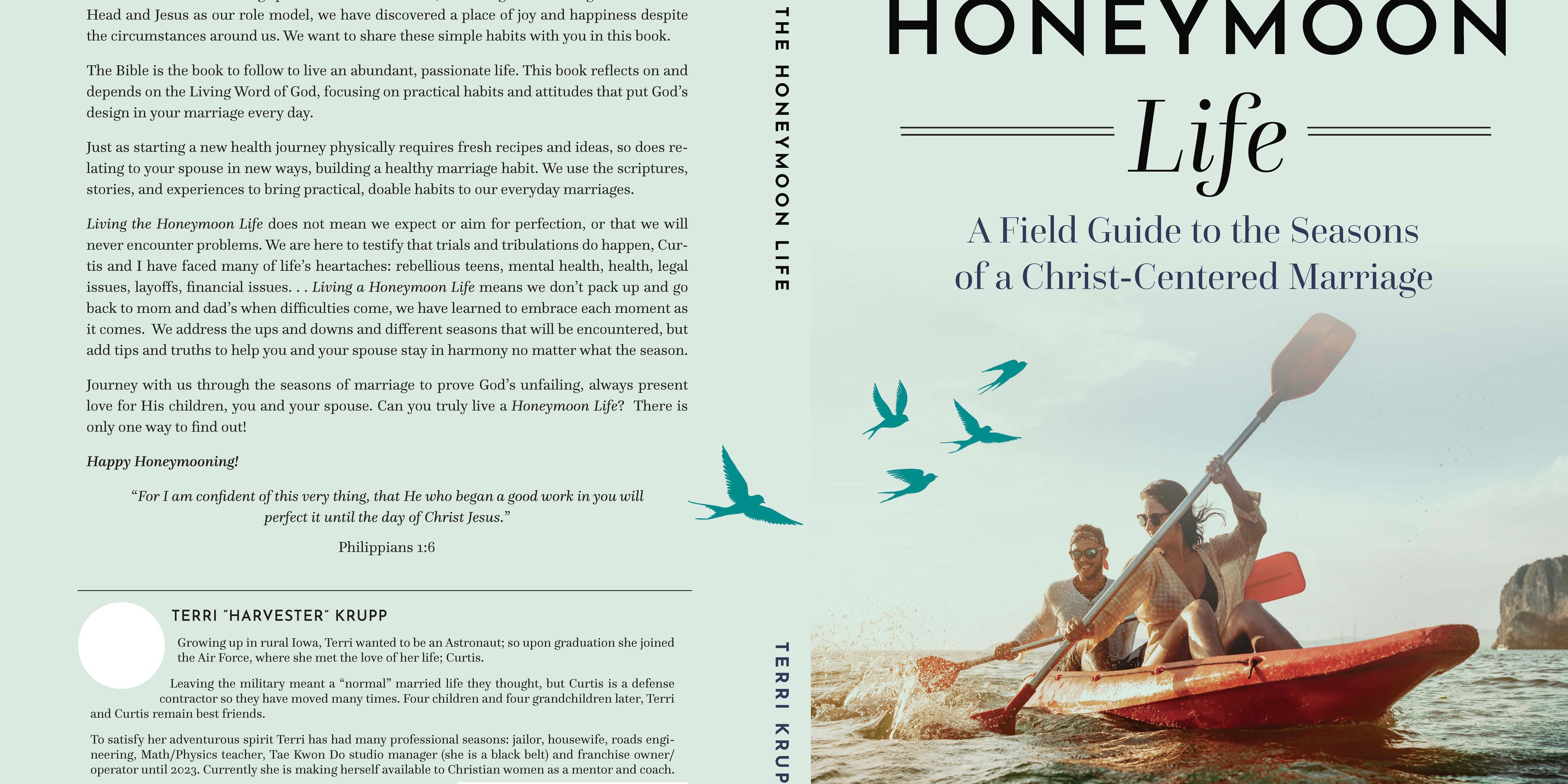 back and front cover of Terri's forthcoming book. Book description and Author's bio on the back. Title and image of a couple kayaking in an orange tandem kayak, birds flying across the cover.