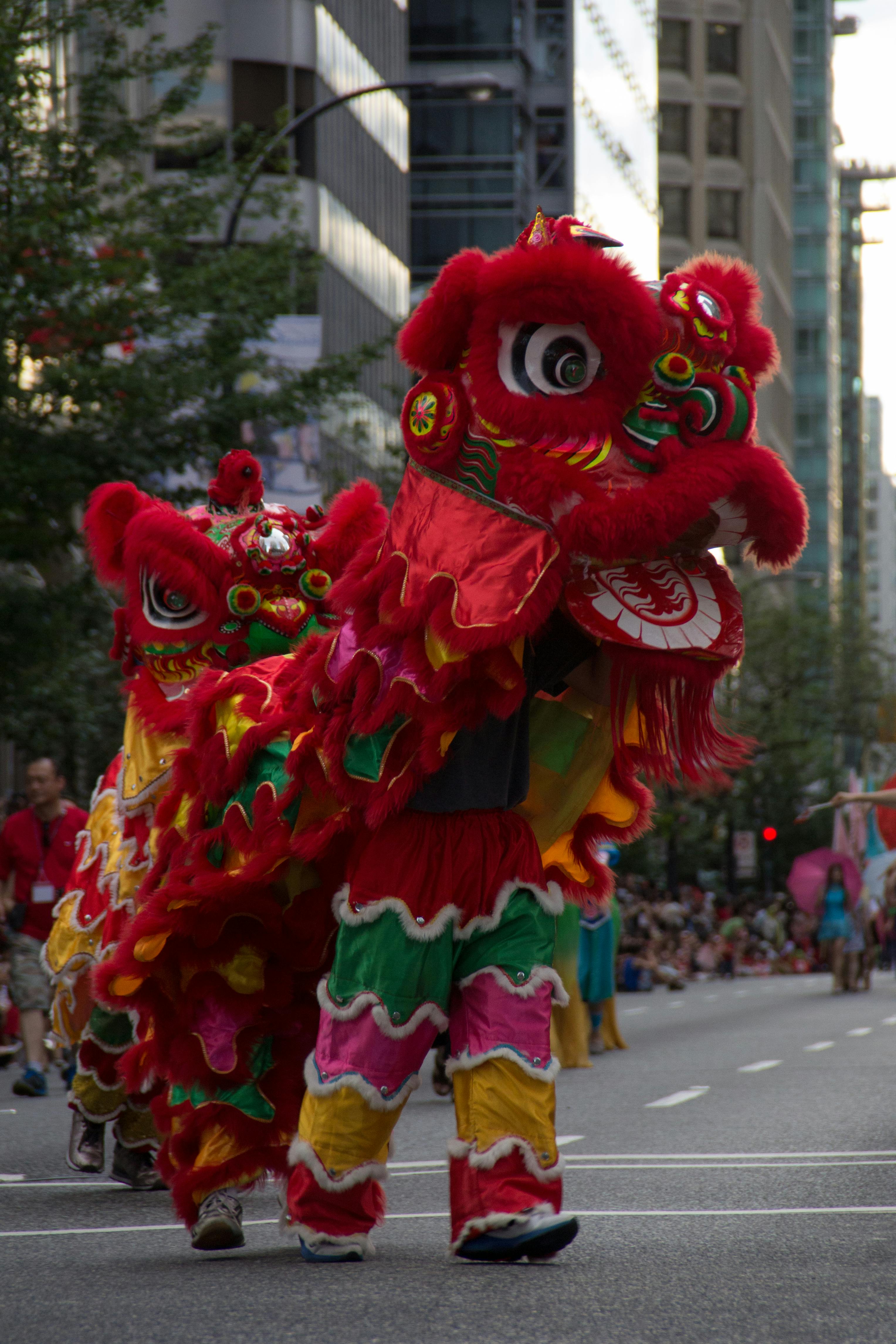 Chinese new year celebration with the giant red Chinese dragon puppet