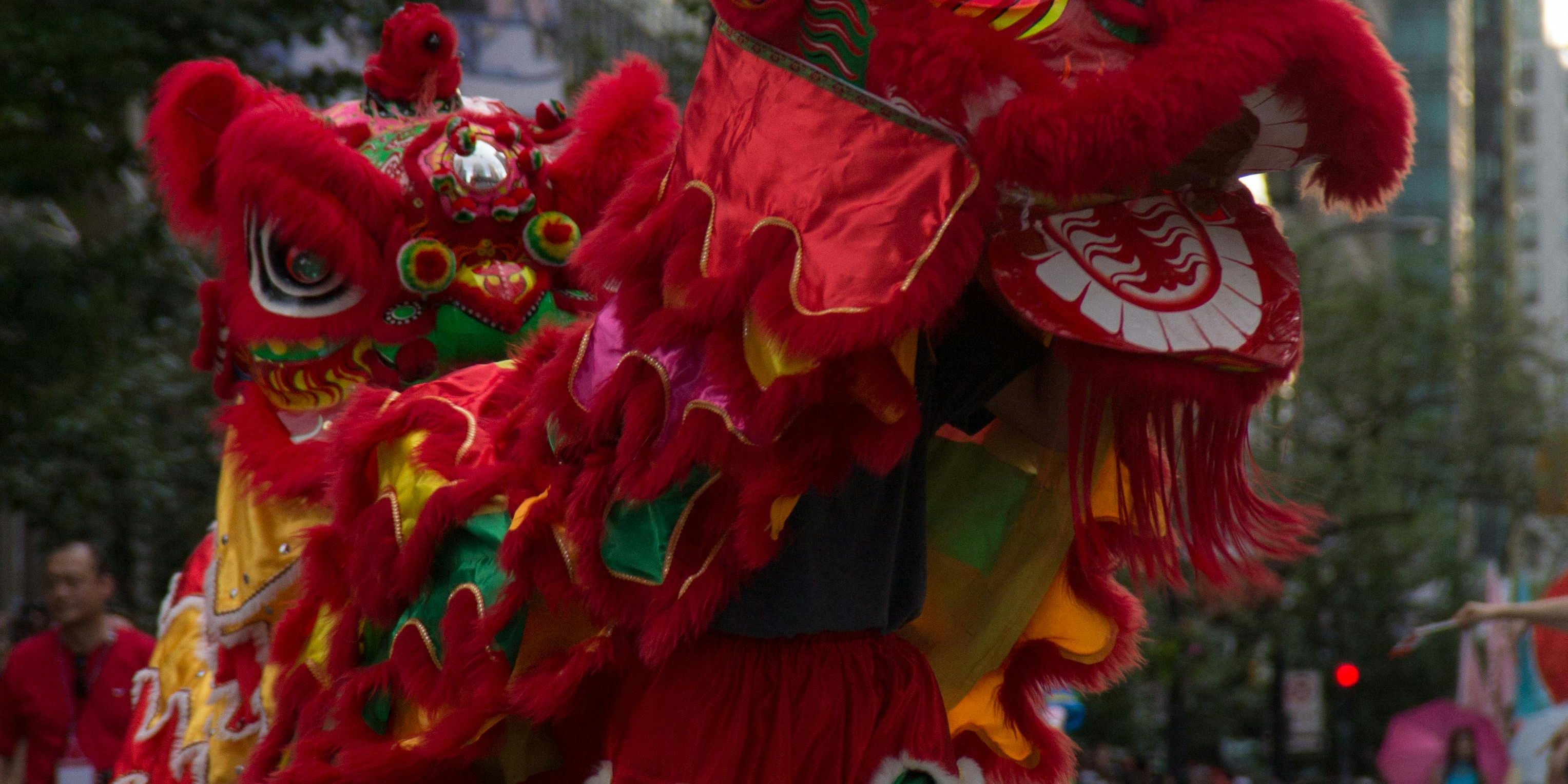 Chinese new year celebration with the giant red Chinese dragon puppet