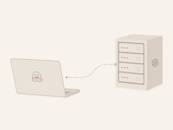 A laptop marked with the Hugging Face logo receiving a dotted trail from a server marked with the OpenAI logo, in Cakewalk's warm monochrome style.
