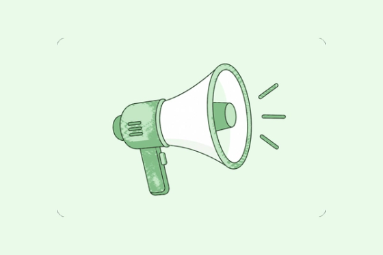 A green megaphone illustration representing Cakewalk announcements and product releases.
