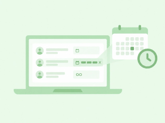 A laptop shows three people's app access. One row gets an end date from a calendar with one day marked and a clock. Another row shows permanent access.
