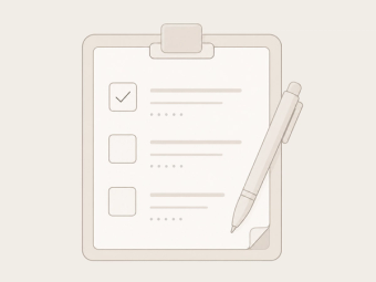 A clipboard holding a survey form with a pen, in Cakewalk's warm monochrome style.