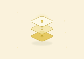 Cakewalk field-guide line-art illustration: three stacked gold layers, with audit evidence on top, access reviews in the middle and the access-management engine underneath, on a cream background.
