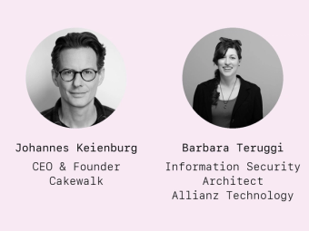 Talk the Walk webinar cover with portraits of Johannes Keienburg (CEO & Founder, Cakewalk) and Barbara Teruggi (Information Security Architect, Allianz Technology).