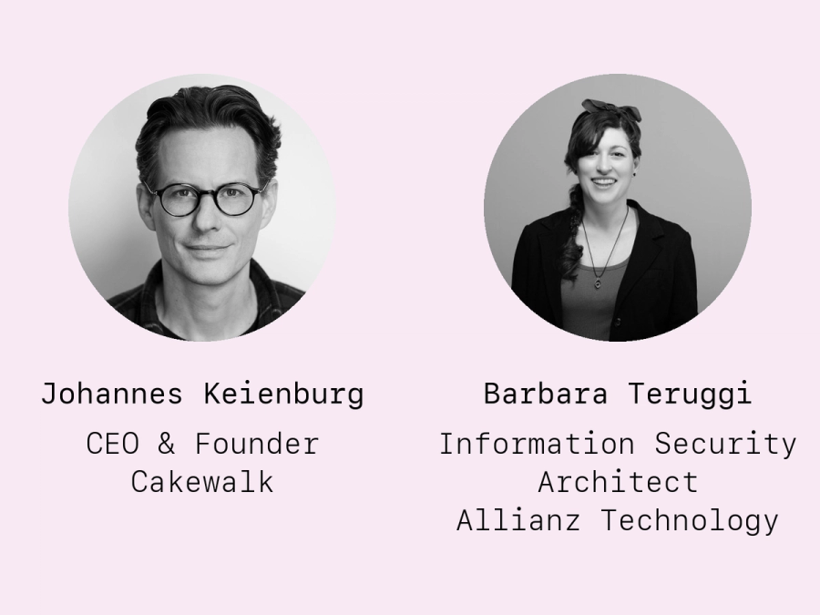 Talk the Walk webinar cover with portraits of Johannes Keienburg (CEO & Founder, Cakewalk) and Barbara Teruggi (Information Security Architect, Allianz Technology).