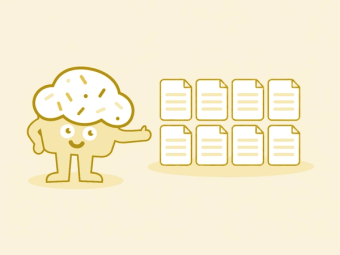 Agent Cake, the Cakewalk cupcake mascot, points at a grid of eight documents on a cream background.