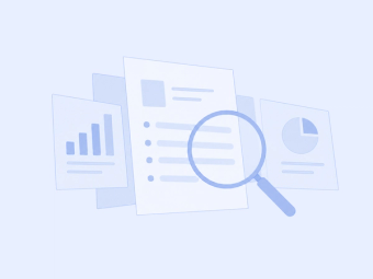 A magnifying glass examines a stack of report pages that hold a bar chart, a bulleted list and a pie chart.