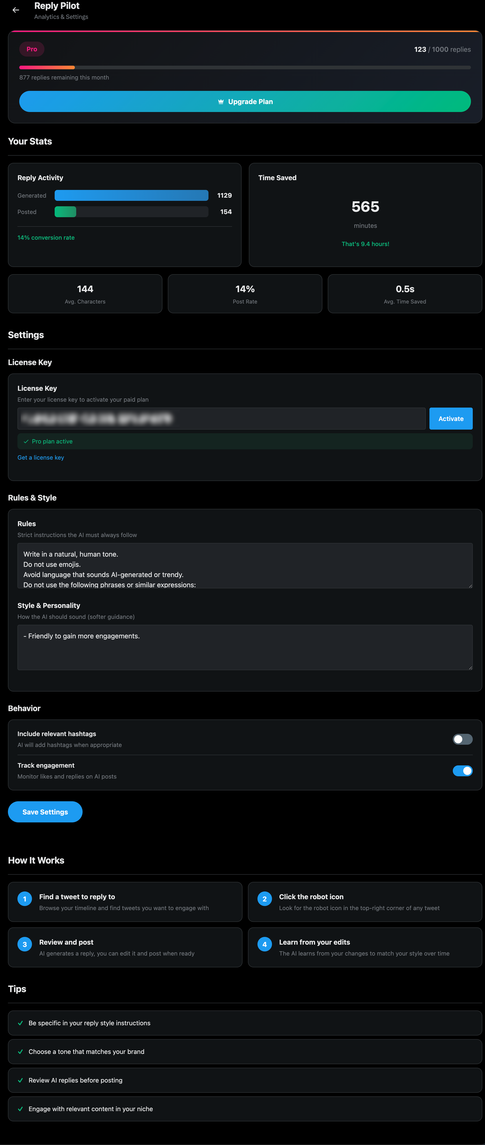 Reply Pilot settings page injected into X sidebar