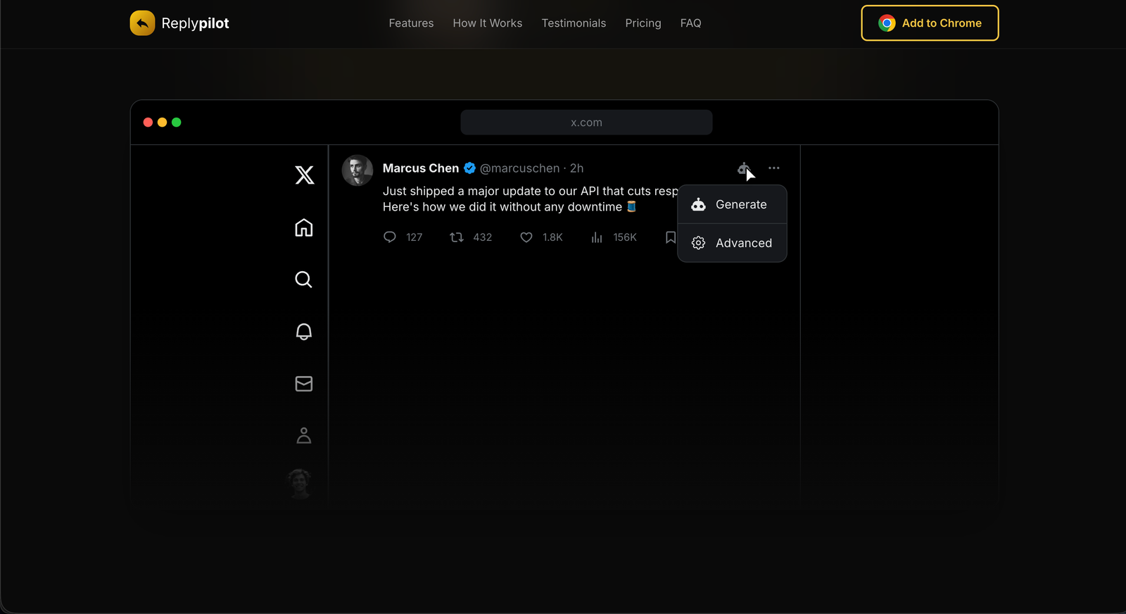Reply Pilot generate button on X tweet