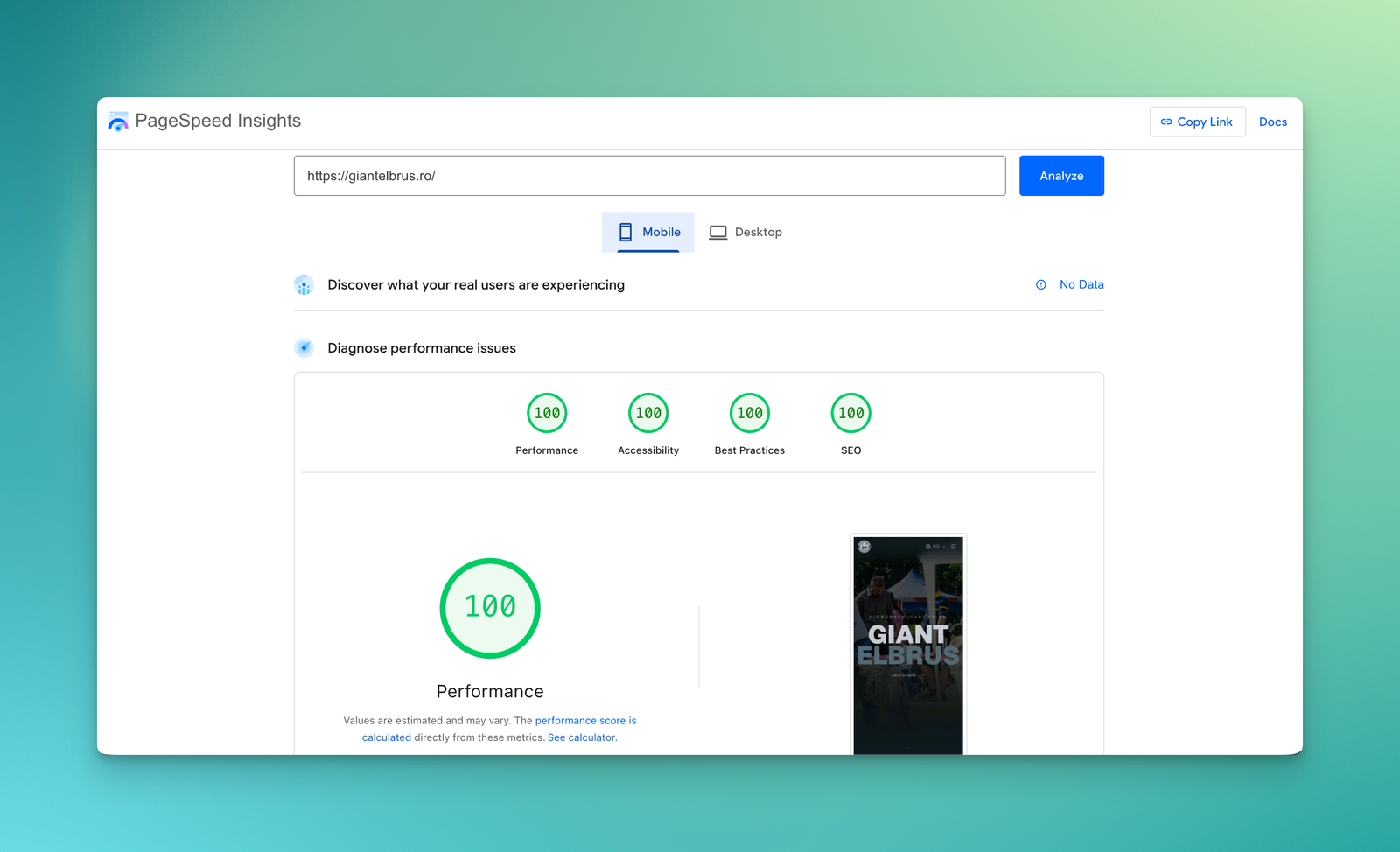 PageSpeed Insights Mobile - giantelbrus.ro: Performance 100, Accessibility 100, Best Practices 100, SEO 100