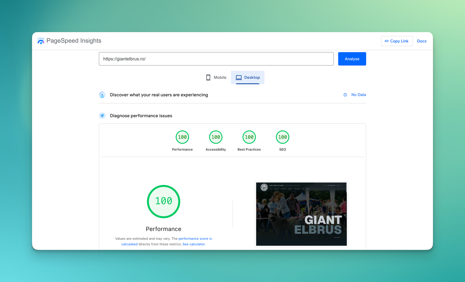 PageSpeed Insights - giantelbrus.ro: Performance 100, Accessibility 100, Best Practices 100, SEO 100