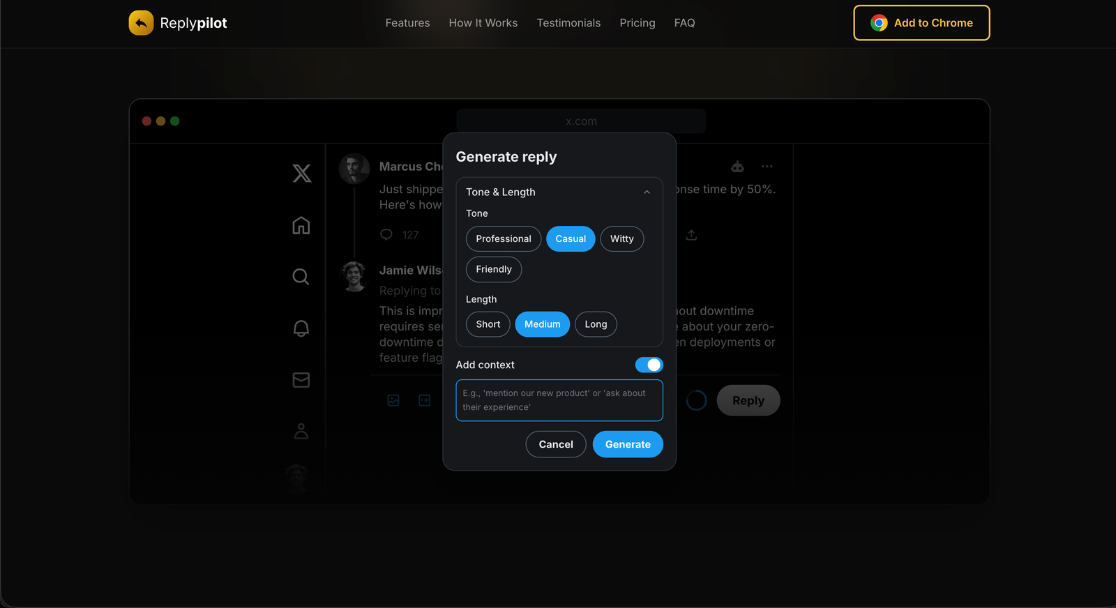 Reply Pilot advanced reply options with tone and length filters
