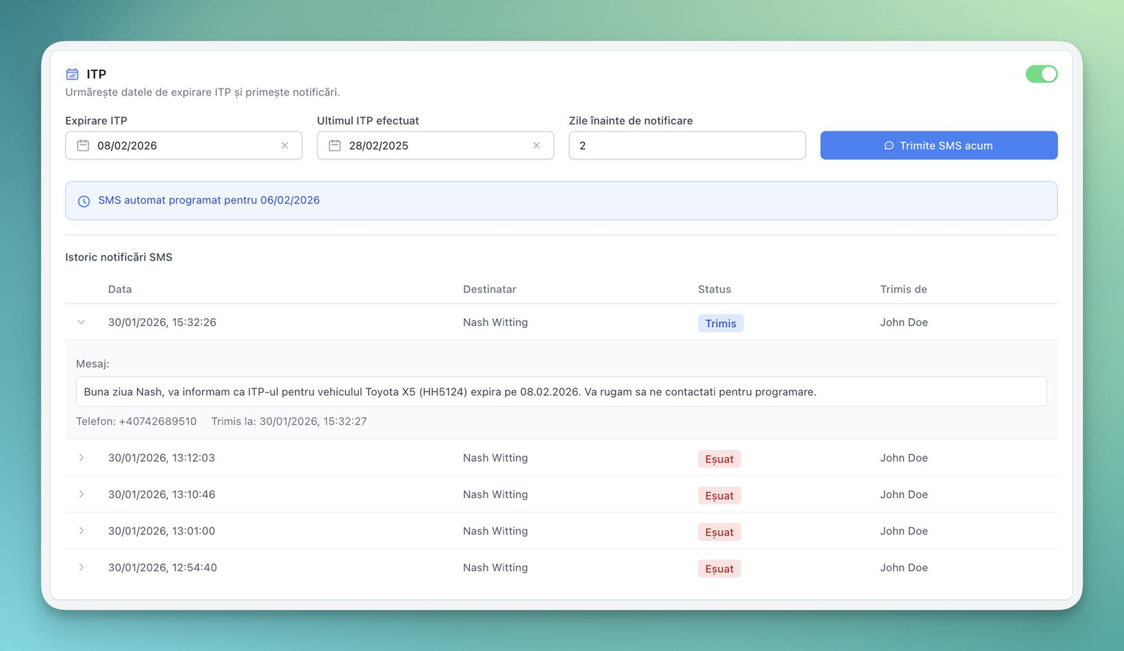 Garageflow MOT/ITP SMS alerts with notification history