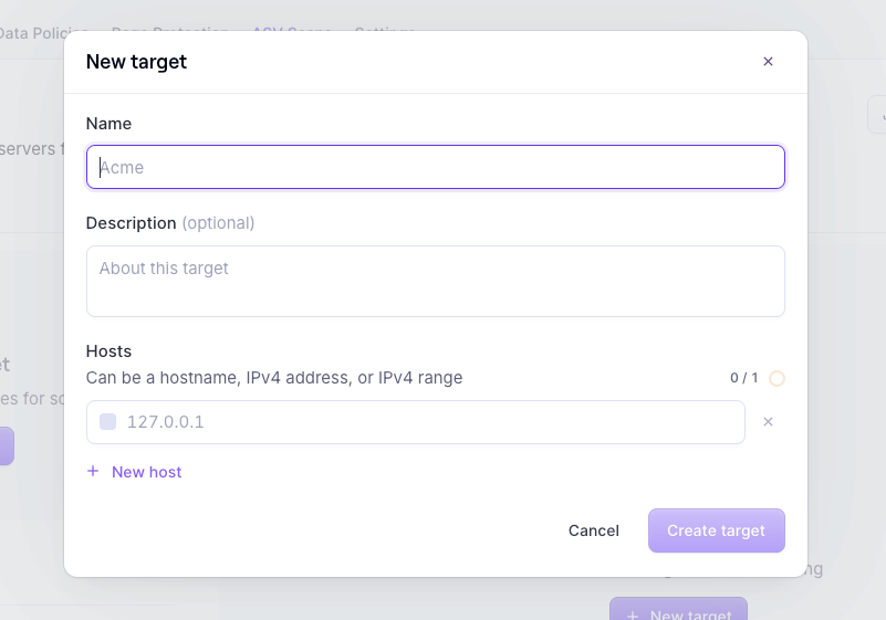 Screenshot of Evervault ASC Scans product showing how a user would create a scan