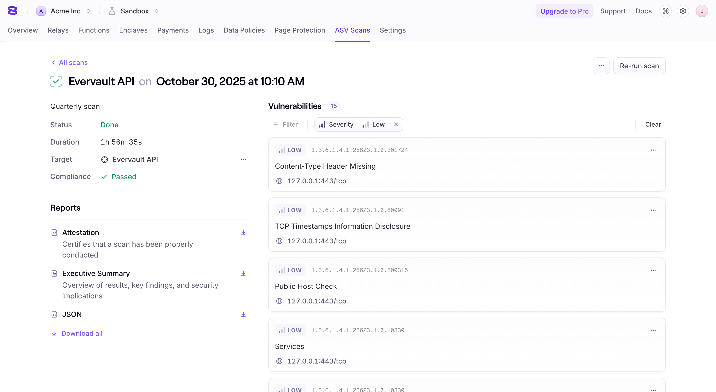 Successful ASV scans results page in the Evervault product