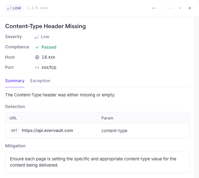 Example of a detailed view of a vulnerability identified by Evervault's ASV Scan product