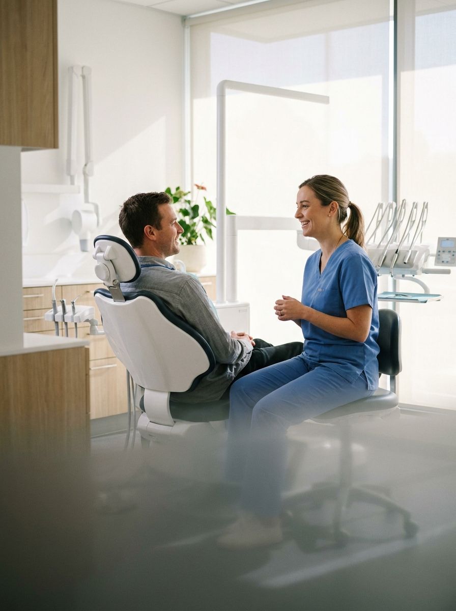 A dentist chatting with a smiling patient in a bright dental treatment room