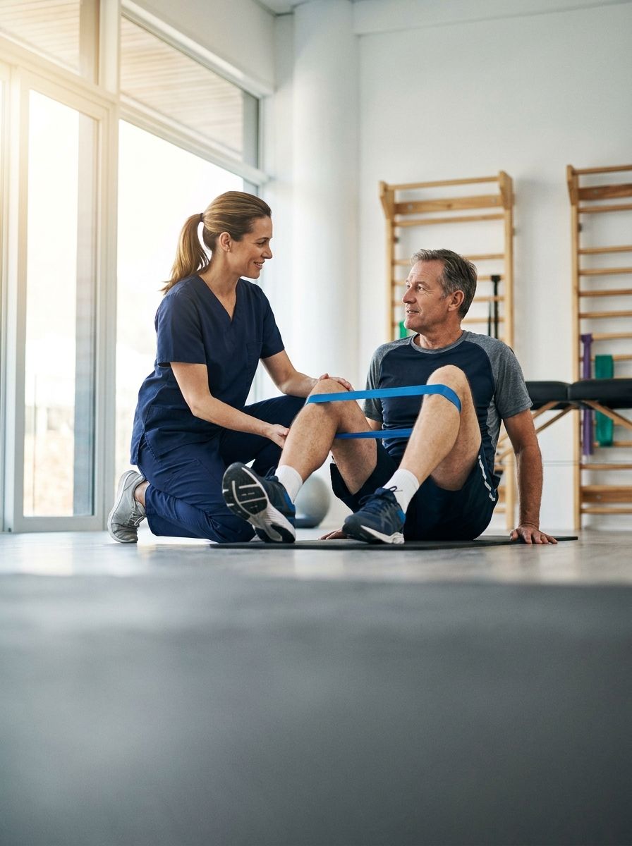 A physical therapist guiding a patient through a knee exercise with a resistance band