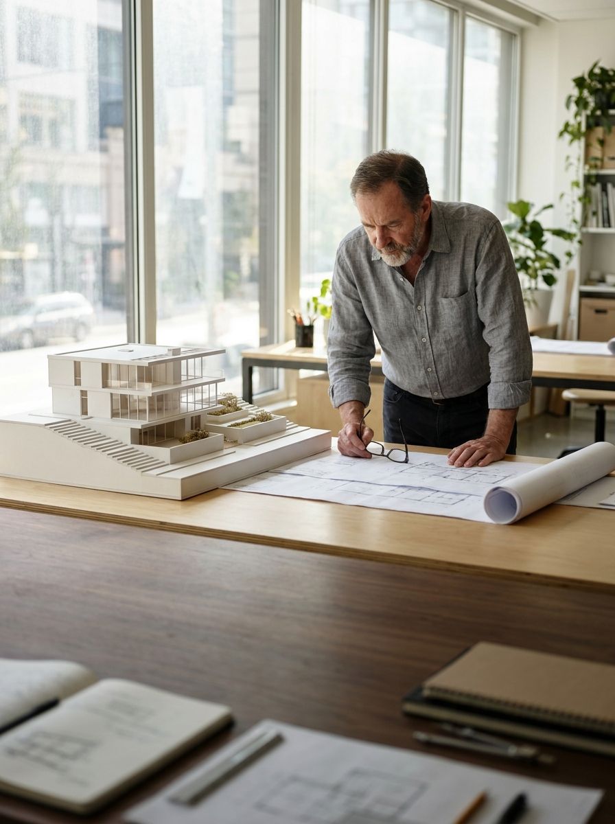 An architect reviewing drawings beside a scale model of a modern building
