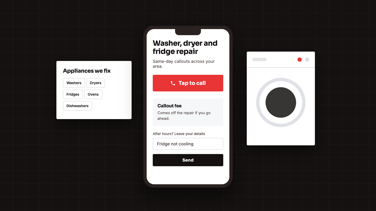 Illustration of an appliance repair website on a phone with a tap to call button, next to a washing machine