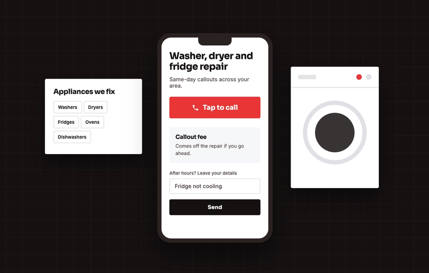 Illustration of an appliance repair website on a phone with a tap to call button, next to a washing machine
