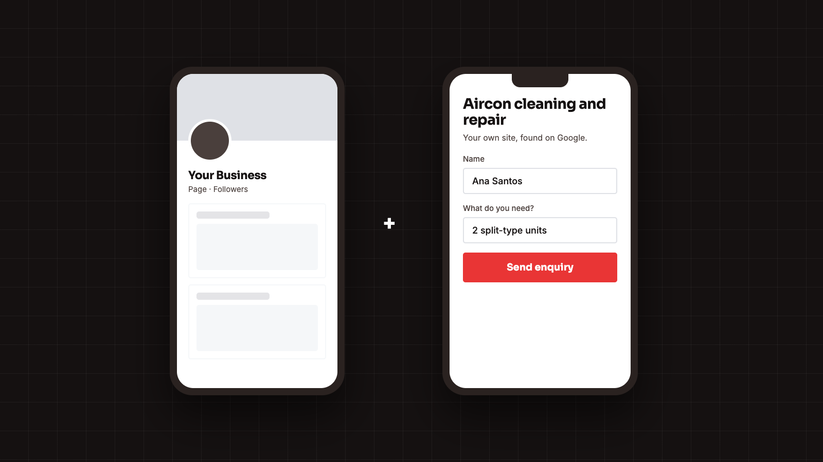 Illustration of a business social page beside a business website with an enquiry form