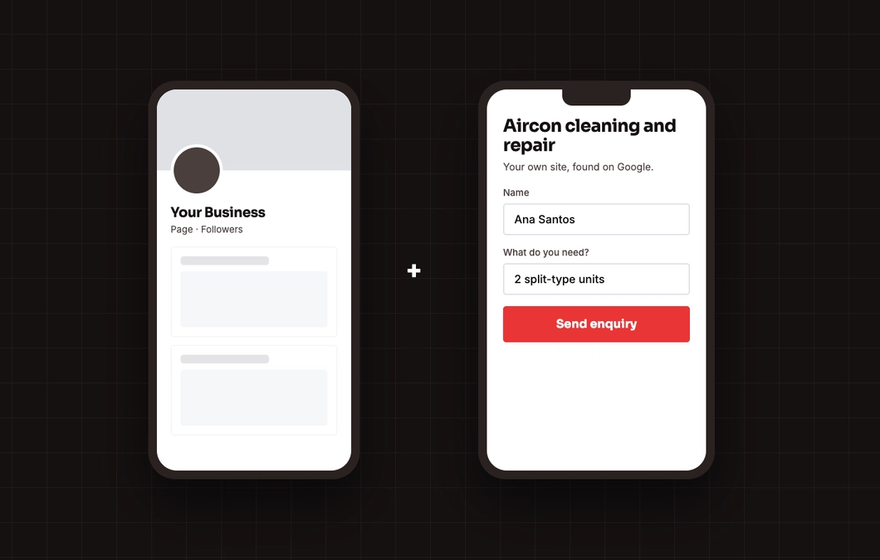 Illustration of a business social page beside a business website with an enquiry form