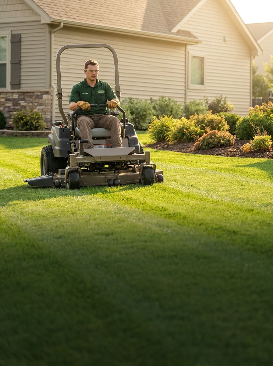 A lawn-care professional mowing a striped lawn on a commercial zero-turn mower