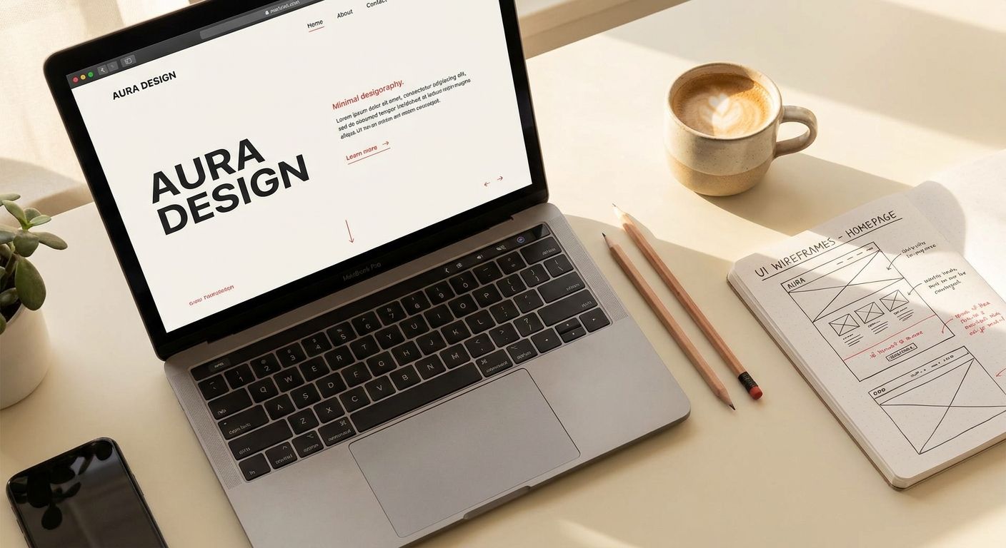 A designer sketching a custom website layout on paper next to a laptop
