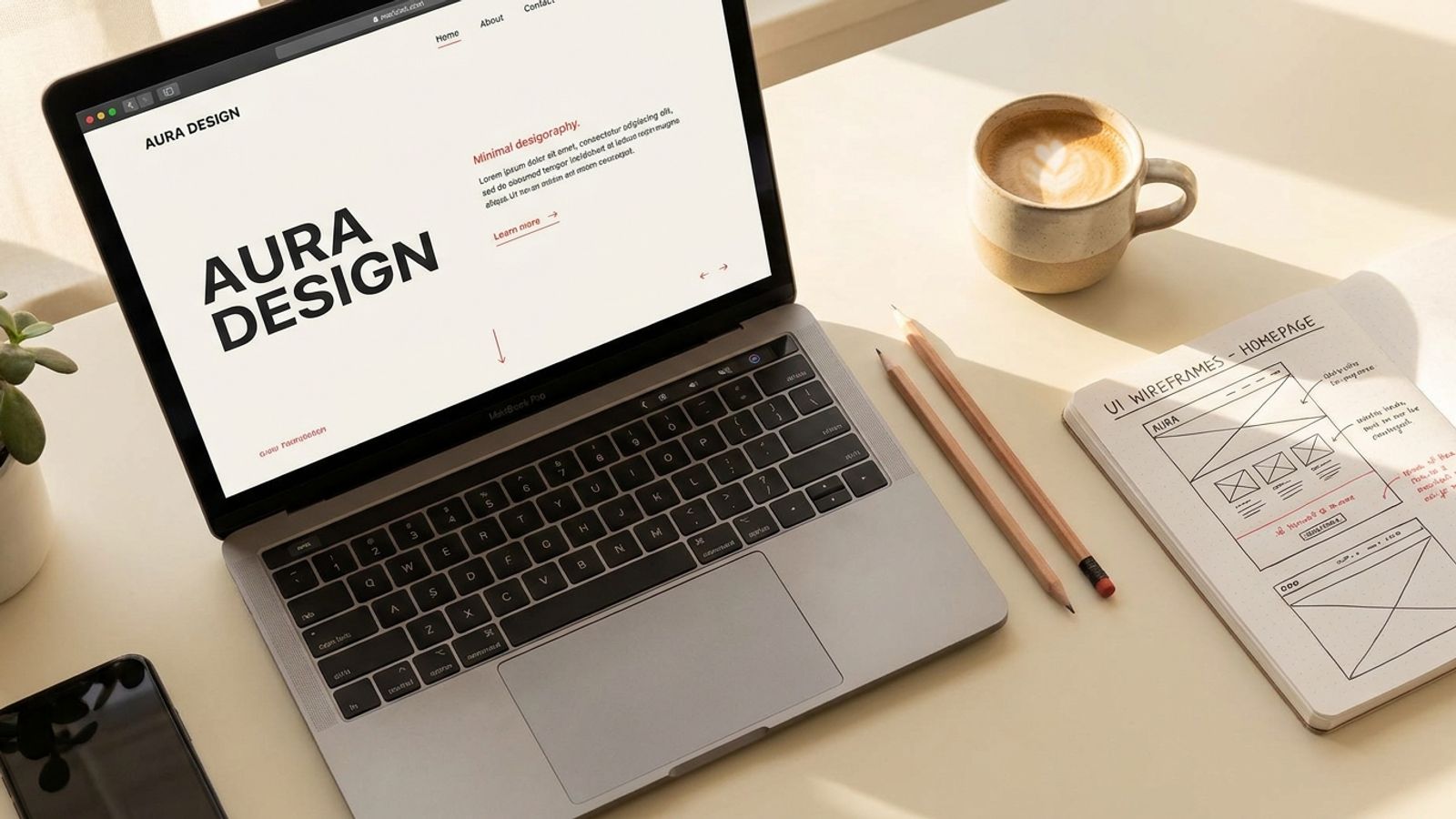 A designer sketching a custom website layout on paper next to a laptop