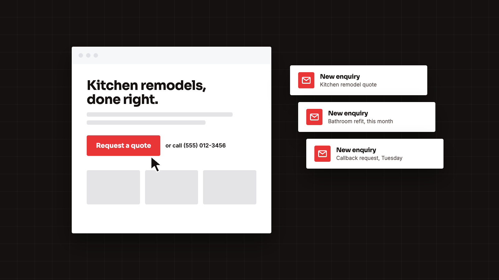 Illustration of a Request a quote button on a service website sending new enquiries to an inbox