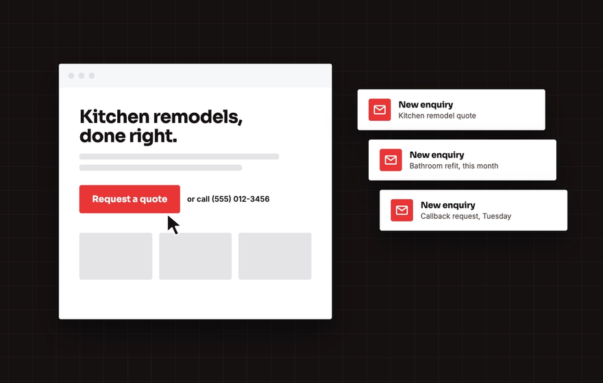 Illustration of a Request a quote button on a service website sending new enquiries to an inbox