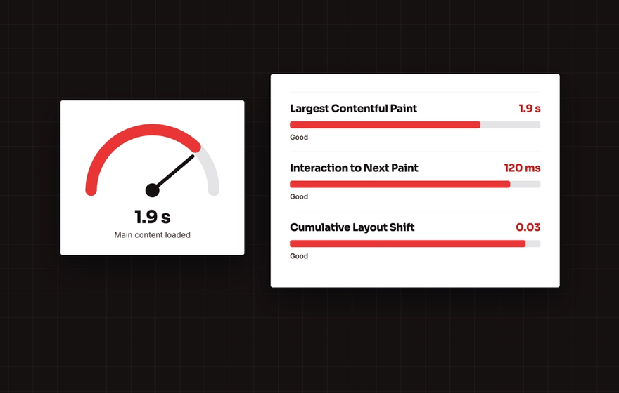Illustration of a speed gauge and Core Web Vitals scores, all in the good range