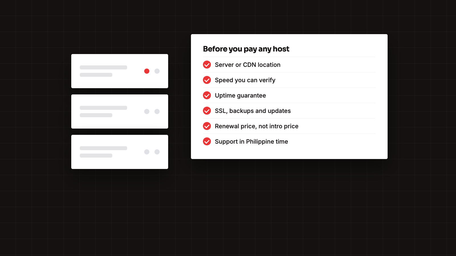 Illustration of a server rack next to a checklist of what to check before paying for web hosting