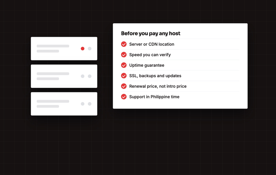 Illustration of a server rack next to a checklist of what to check before paying for web hosting