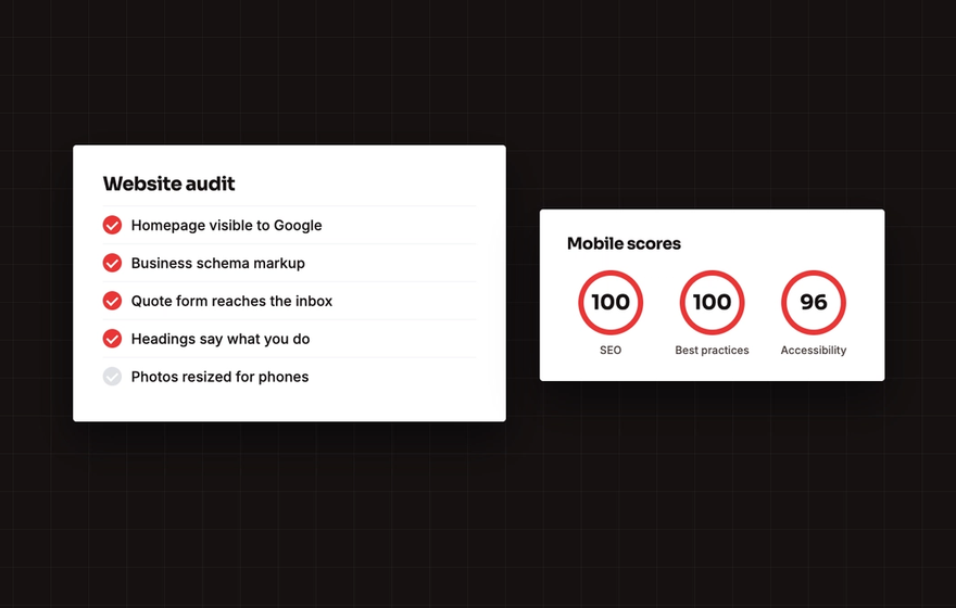 Illustration of a website audit checklist beside mobile scores for SEO, best practices and accessibility
