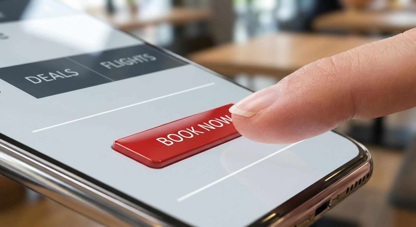 A mobile website with a prominent book now button being tapped