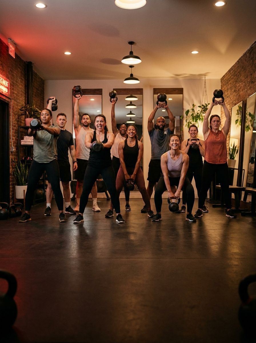 A group fitness class lifting kettlebells in a boutique gym studio