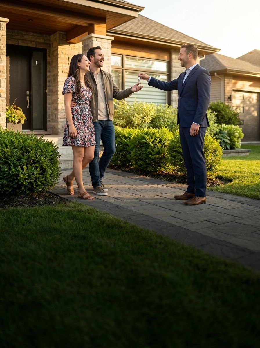 A real estate agent welcoming a couple outside a suburban home