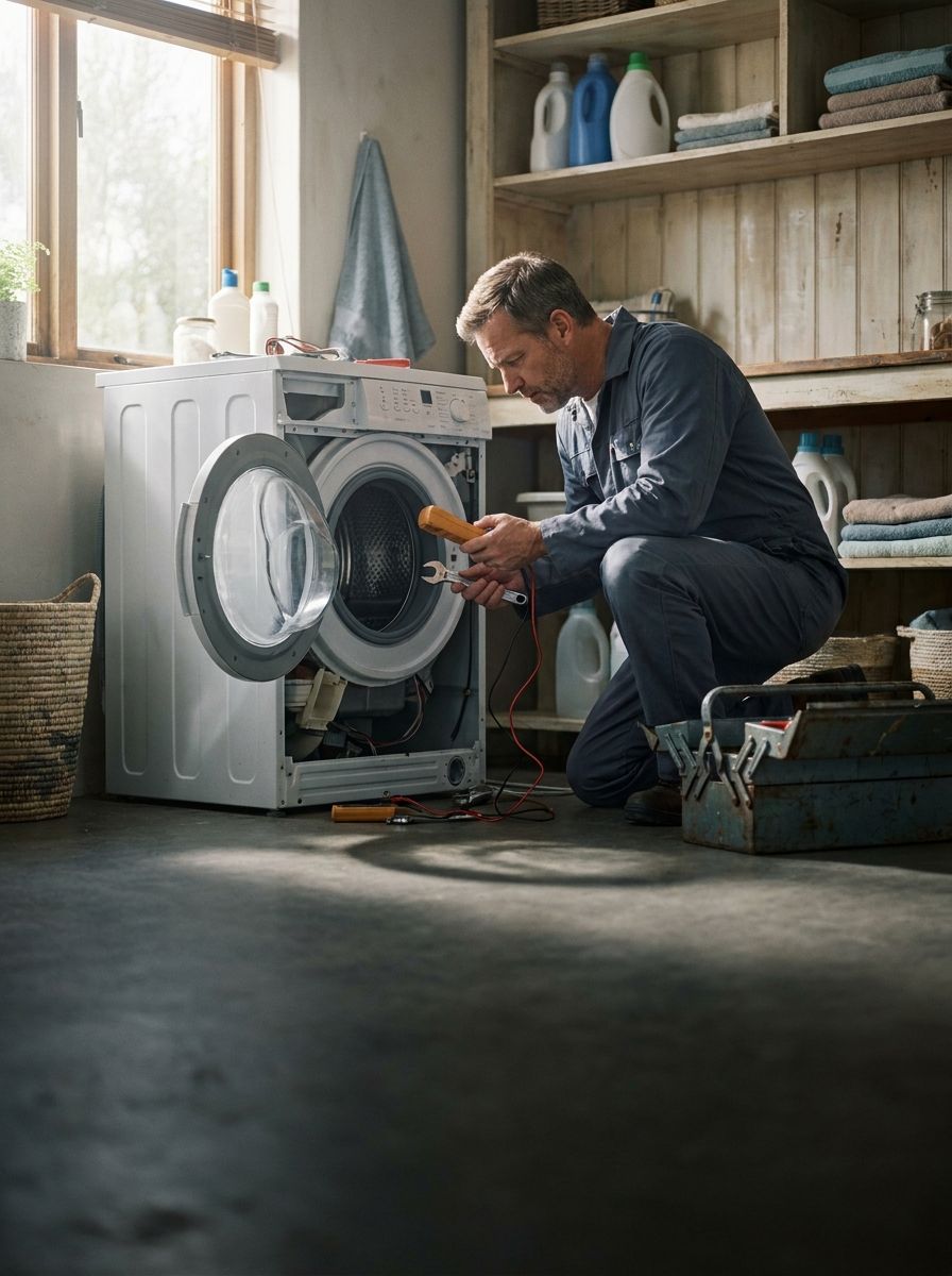 An appliance repair technician testing an open front-loading washing machine
