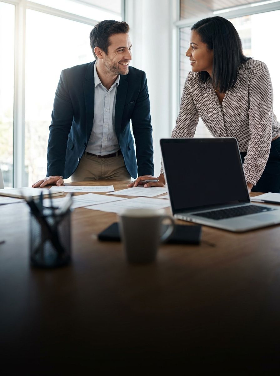 An accountant meeting a client across a desk in a bright modern office