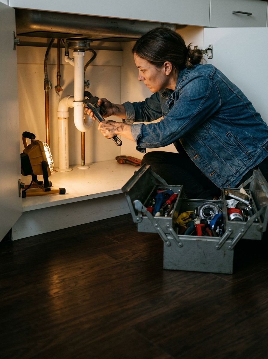A plumber repairing pipes under a kitchen sink with a wrench